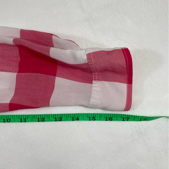 Medium Red & White Plaid V Neck Soft Button-Up Blouse Adjustable Sleeves - Picture 5 of 13